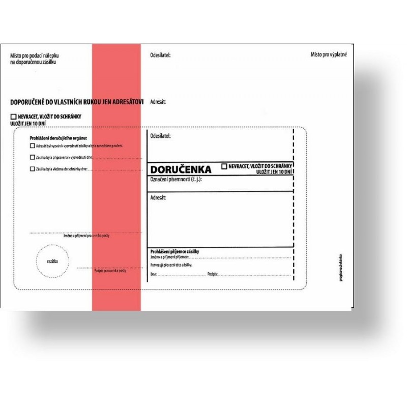 Obálka s doručenkou a odtrhovacím poučením (správní řád) 162 x 217, červený pruh, text, 100 ks