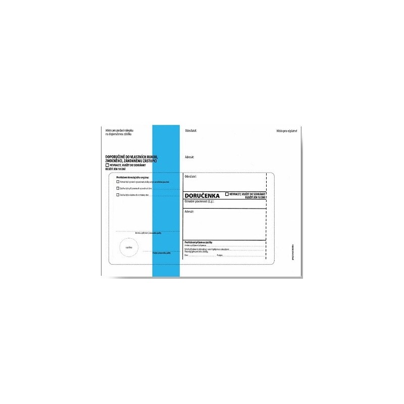 Obálka s doručenkou a odtrhovacím poučením (správní řád) 162 x 217, modrý pruh, text, 100 ks