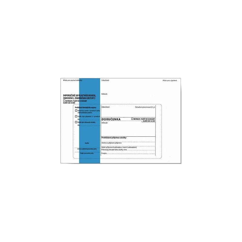 Obálka s doručenkou a odtrhovacím poučením (správní řád) B6, modrý pruh, text, 100 ks, 125 x 176