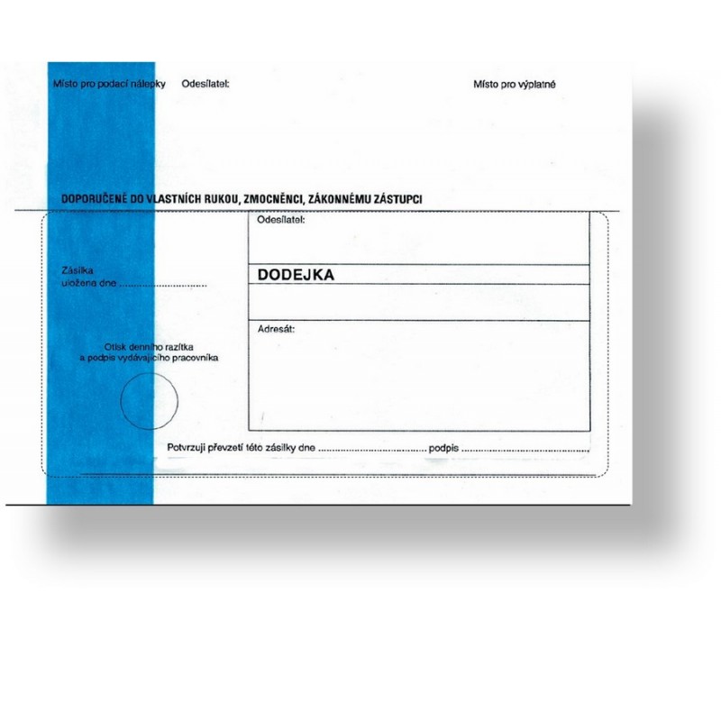 Obálka s dodejkou B6, samopropisující, vytrhávací, rec., s textem, modrý pruh, 1000 ks, 125 x 176