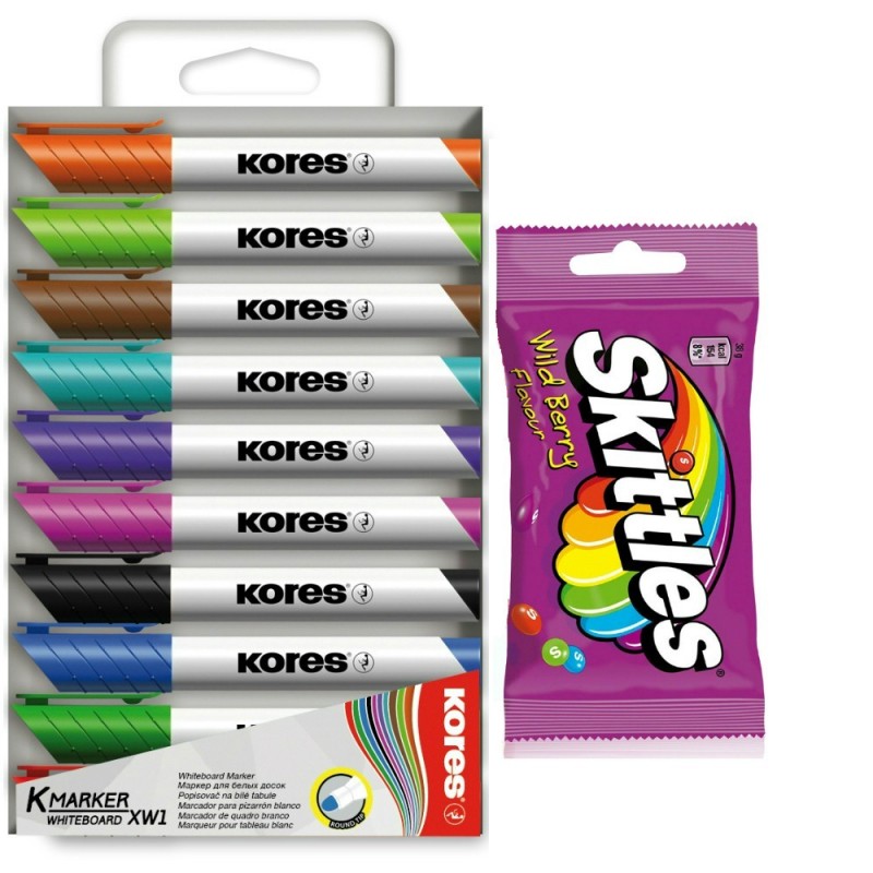 Značkovač Kores na bílé tabule a flipcharty kulatý hrot/10 ks + bonbony Skittles