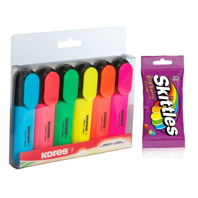 Zvýrazňovač Kores plochý sada 6 ks v plastové etui + bonbony Skittles