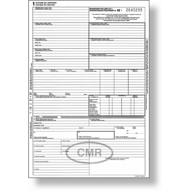 CMR - mezinárodní nákladní list A4, 5 listů, číslovaný, samopropisovací